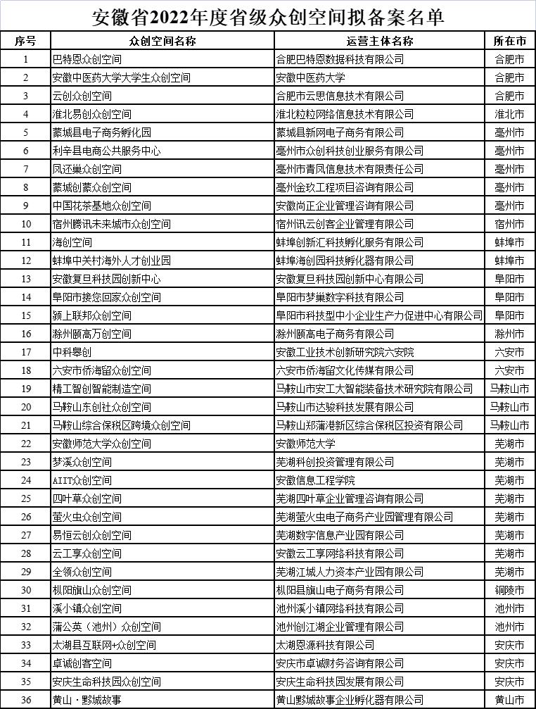 安徽省眾創空間公示名單